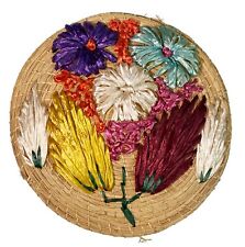 8” Woven Straw Basket Floral Lid Storage Stash Raffia Flowers  picture