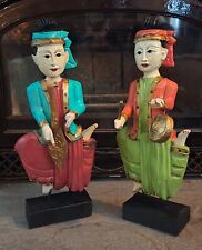 Set Of 2 Restored Vintage Carved Wood Thai/Asian Musician Statues 18 In. Tall picture