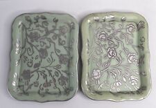 VTG SOCIAL SUPPER SHABBY CHIC 2PC- SMALL GREEN&SILVER FLORAL PRINT METAL TRAYS picture