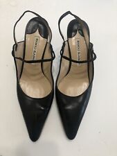 Manolo Blahnik Black Leather Strap Kitten Heels Made in Italy Sz 37.5 Rare VTG picture