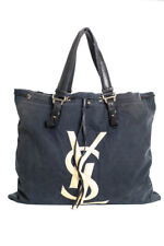 Yves Saint Laurent Womens Solid Canvas Logo Front Leather Handle Tote Blue picture