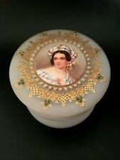 RARE Antique FRENCH Opaline Glass Jewelry BOX w Woman Portrait Hand Painted 19C. picture
