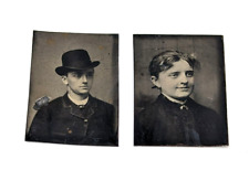 2x Lot Set Antique Victorian Tintype Small Photos of a Handsome Young Couple #1C picture