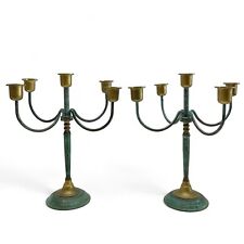 Vintage Pair of Verdigris Patina Brass 5 Arm Candelabras Candle Holders picture