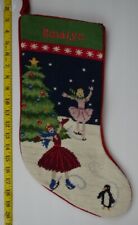 LANDS END Ice Skaters Wool Needlepoint Christmas Stocking Monogrammed EMALYN picture