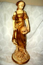 1960s FRENCH LADY STATUE FIGURE PLASTER CHALKWARE GILT CREAM ANTIQUED MAIDEN MCM picture
