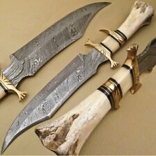 BEAUTIFUL CUSTOM HAND MADE DAMASCUS STEEL HUNTING BOWIE KNIFE HANDLE CAMEL BONE picture