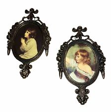 Vintage Miniature Pair Italy Angelic Praying Children Hanging Metal Pictures Fun picture