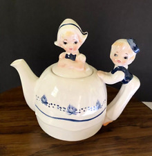 Vintage Enesco Dutch Boy and Girl Teapot Japan E-5822 Blue and White 6” High picture