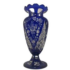 Gorgeous Vintage Hand Blown German Lead Crystal COBALT Cut to Clear Vase picture