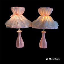 2 Vtg Boudoir Lamps Shades Bedroom Desk Table Hollywood Regency Pink Gold Ruffle picture
