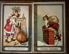 Lot of 2 SANTA CLAUS with Toy Sacks~in Chimney~Antique Christmas~Postcards~h728 picture