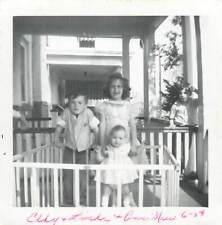vintage Snapshot B/W Children Hanging Out on Front Porch on Summer Day 1959 picture