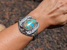 Women's Navajo Turquoise Bracelet Tufa Cast Sterling Silver Sign Jewelry sz 6.75 picture