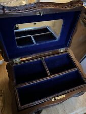 Vintage Blue Velvet Lined Carved Wood Jewelry Box, compartments, 2 Tiers picture