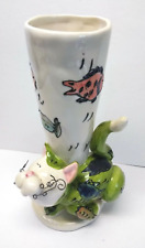 Whimsical Cat Vase Art Pottery Hand Painted Ceramic 3D Dennis East Wire Whiskers picture