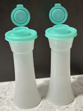 Tupperware Hour Glass Salt and Pepper Shakers with Blue Green Lids- Very clean picture