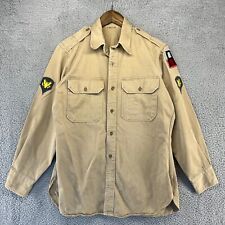 Vintage WWII Shirt Men's 15 Tan Brown Canvas button Long Sleeve WW2 Patches 40s picture