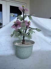 Vintage Chinese Lucky Jade Jadeite Stone Carved Pink Flowering Potted Plant Tree picture
