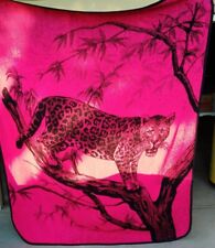 RARE Vtg Neon Pink & Black Woven Blanket Leopard 85