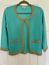 Escada sweater EUC - turquoise blue with embellished gold camel trim size 38 picture