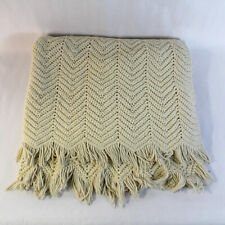 Vintage Handmade Knit Crochet Throw Blanket Afghan Cream Chevron Pattern Fringe picture