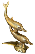 Vintage Solid Brass Swimming Dolphins Nautical Statue Sculpture MCM 11 inches picture