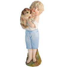 Antique Victorian Bisque Porcelain Boy and Pug Dog Love Figurine 1890s Germany picture