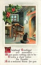 Embossed Christmas Postcard Black Cat Sits in Front Of Fireplace BB London X40 picture