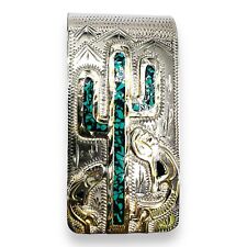 Kokopelli Turquoise Inlay Cactus Engraved Money Clip 925 Sterling Silver -000385 picture