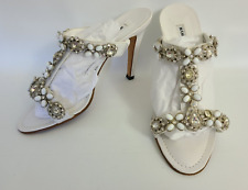 Manolo Blahnik White Leather Jeweled Strappy Sandal Heel Size 37 with FLAWS picture