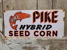 VINTAGE PIKE SIGN HYBRID CORN SEED TIN TACKER FARM TRACTOR LIVESTOCK COW FISH picture