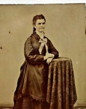 C.1860/70s Tintype Beautiful Woman Victorian Dress Bow. Standing Table Prop. T32 picture