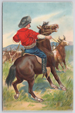 Postcard Cowboy on Horse Wrangling Steer Embossed Posted c1907 picture