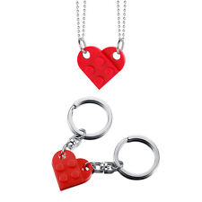 4pcs Heart Lego Couple Necklace Key Ring Keychain Set Valentine's Day Gift picture