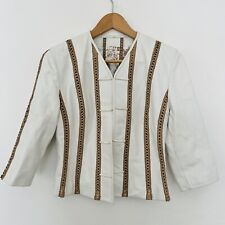 St John Collection Ivory White Leather Tan Cross Stitch Jacket Size 2 picture