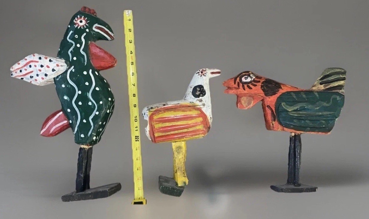 Vintage Wooden Rooster Hand Carved & Painted Folk Art Bird Guatemalan Lot Of 3