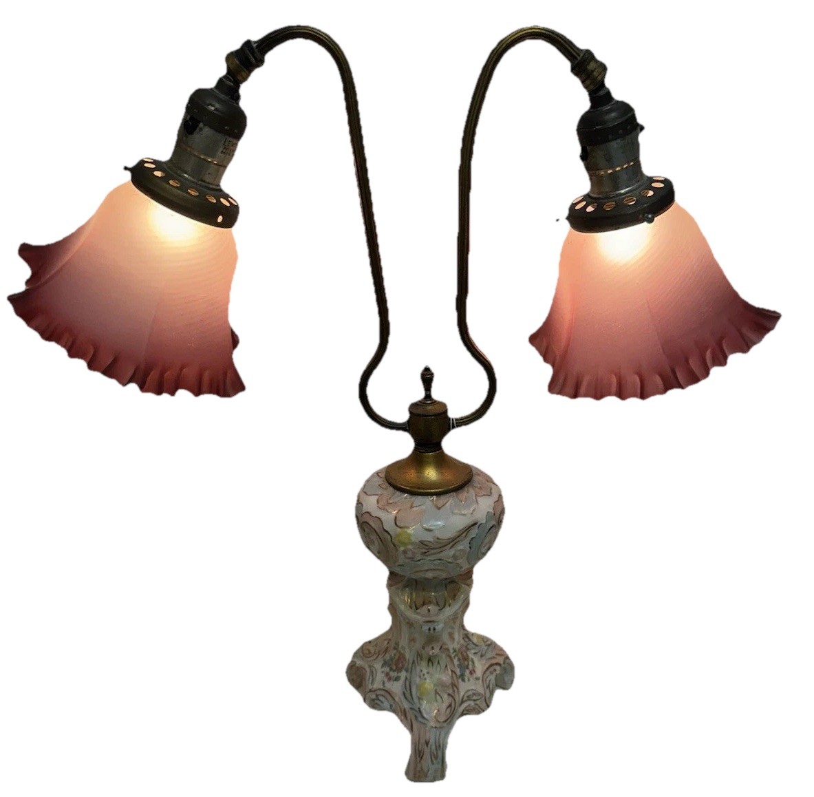 Antique 1920s Carl Thieme Dresden Meissen Style Double Gooseneck Porcelain Lamp