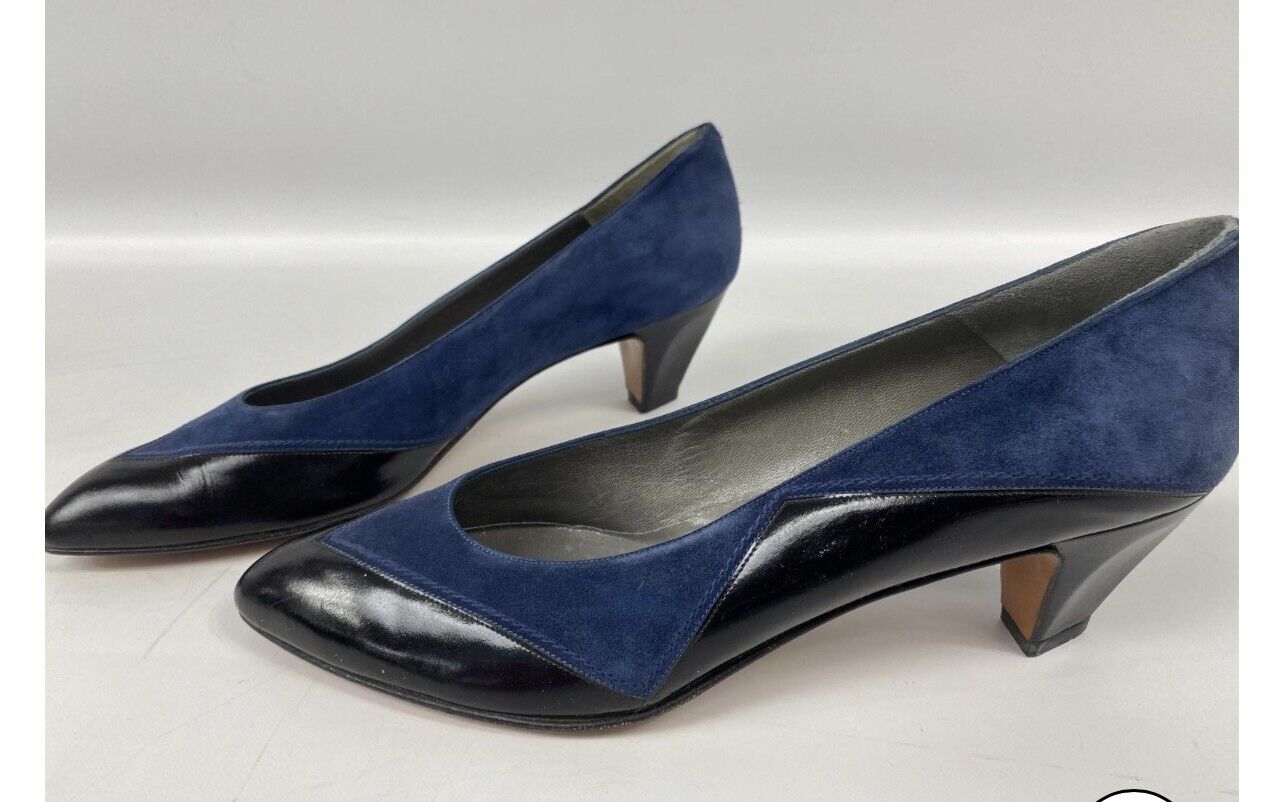 Bally Sz 10N Italian Blue Suede & Black Leather Heels 