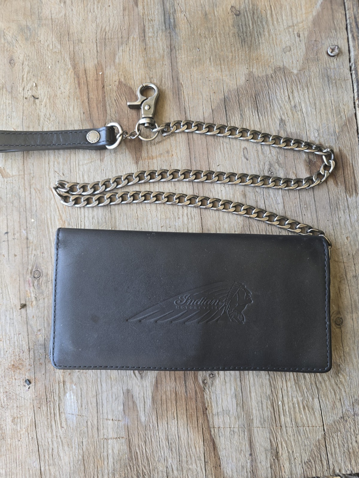 RARE INDIAN Motorcycle Real Leather Black Wallet And Chain Biker Trucker Style