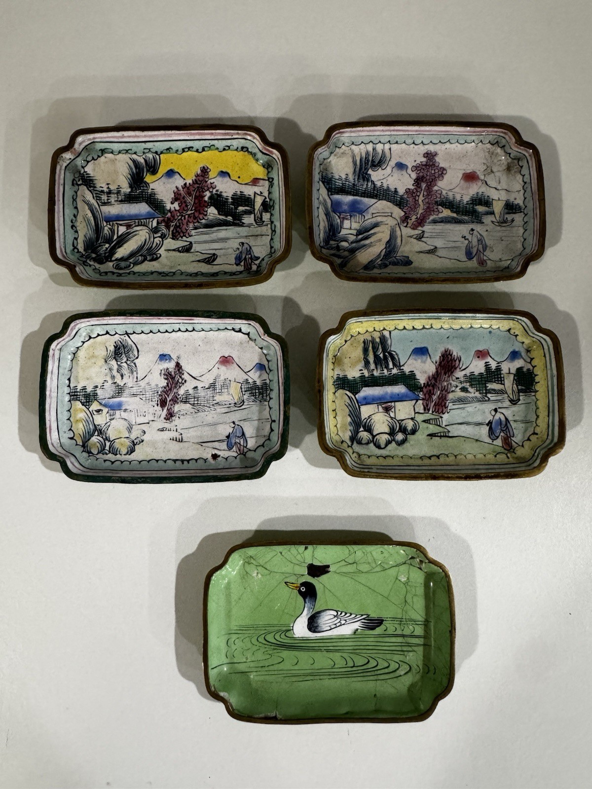 Vintage Chinese Canton Small Enamel Trays on Copper Decorated Landscape & Floral