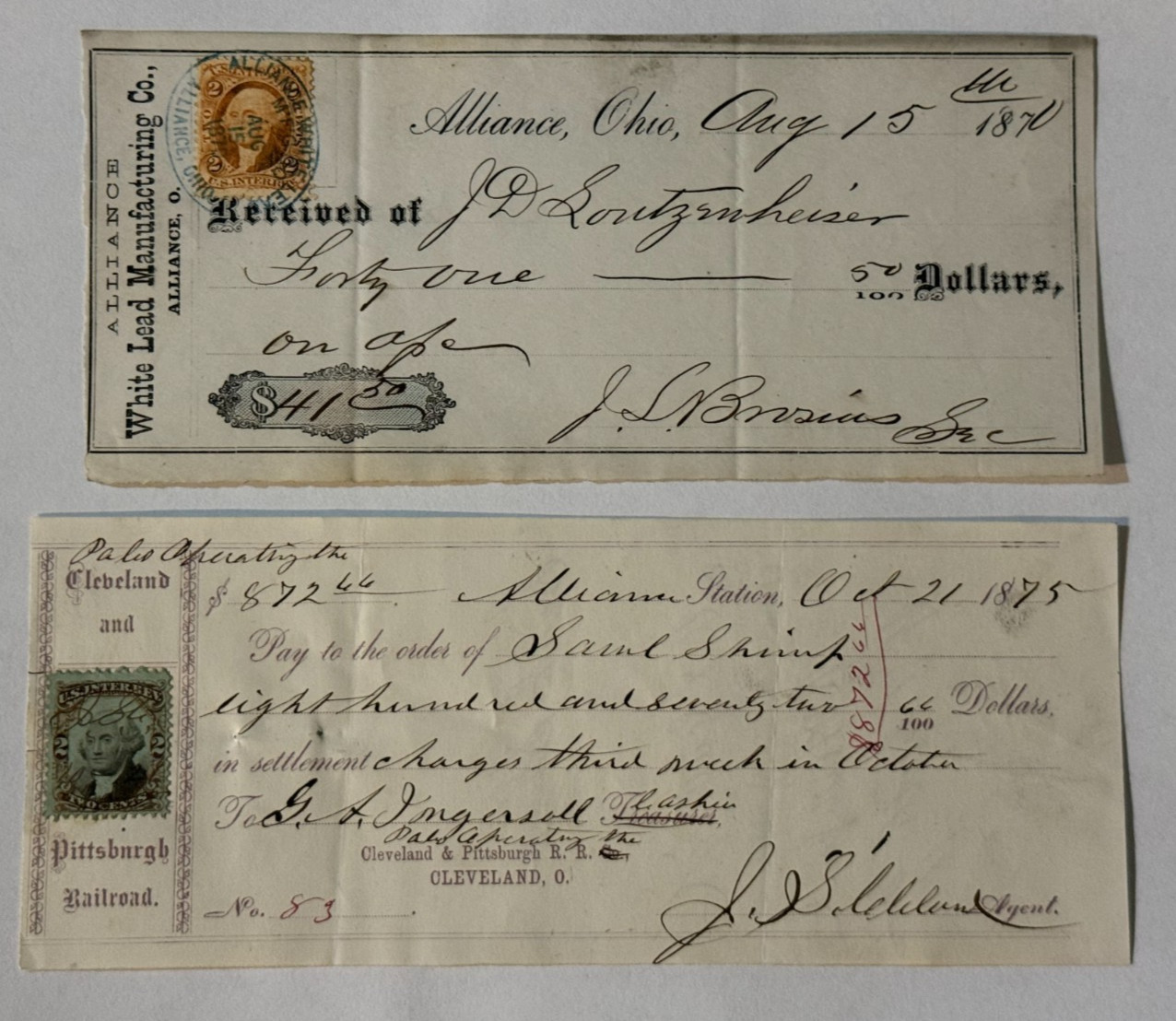 Vintage RARE - 1870 & 1870 Receipts - Alliance, OH, White Land Manufacturing Co.