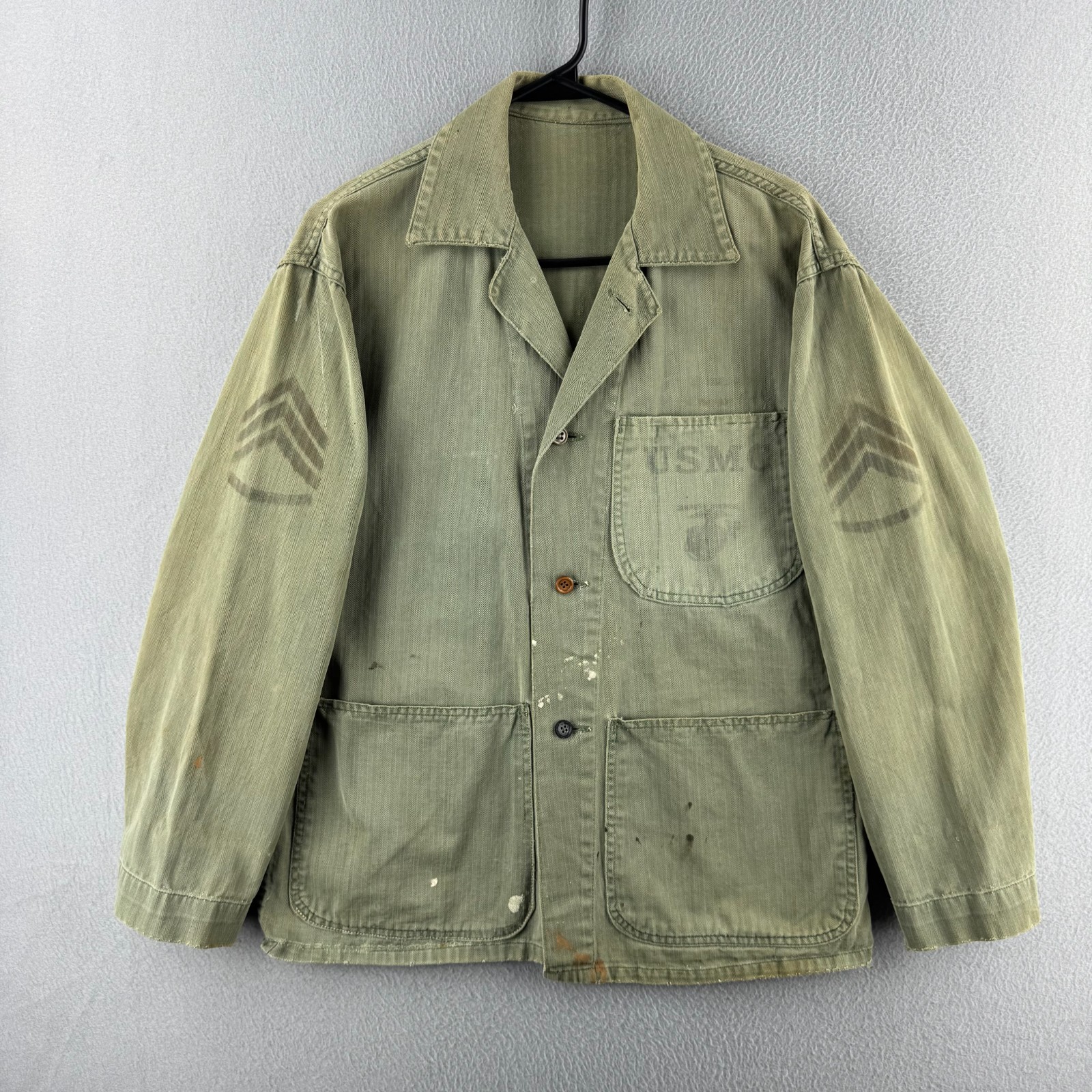 Vintage WWII USMC P-41 HBT Jacket Fits Mens Small Stencil Herringbone Twill 
