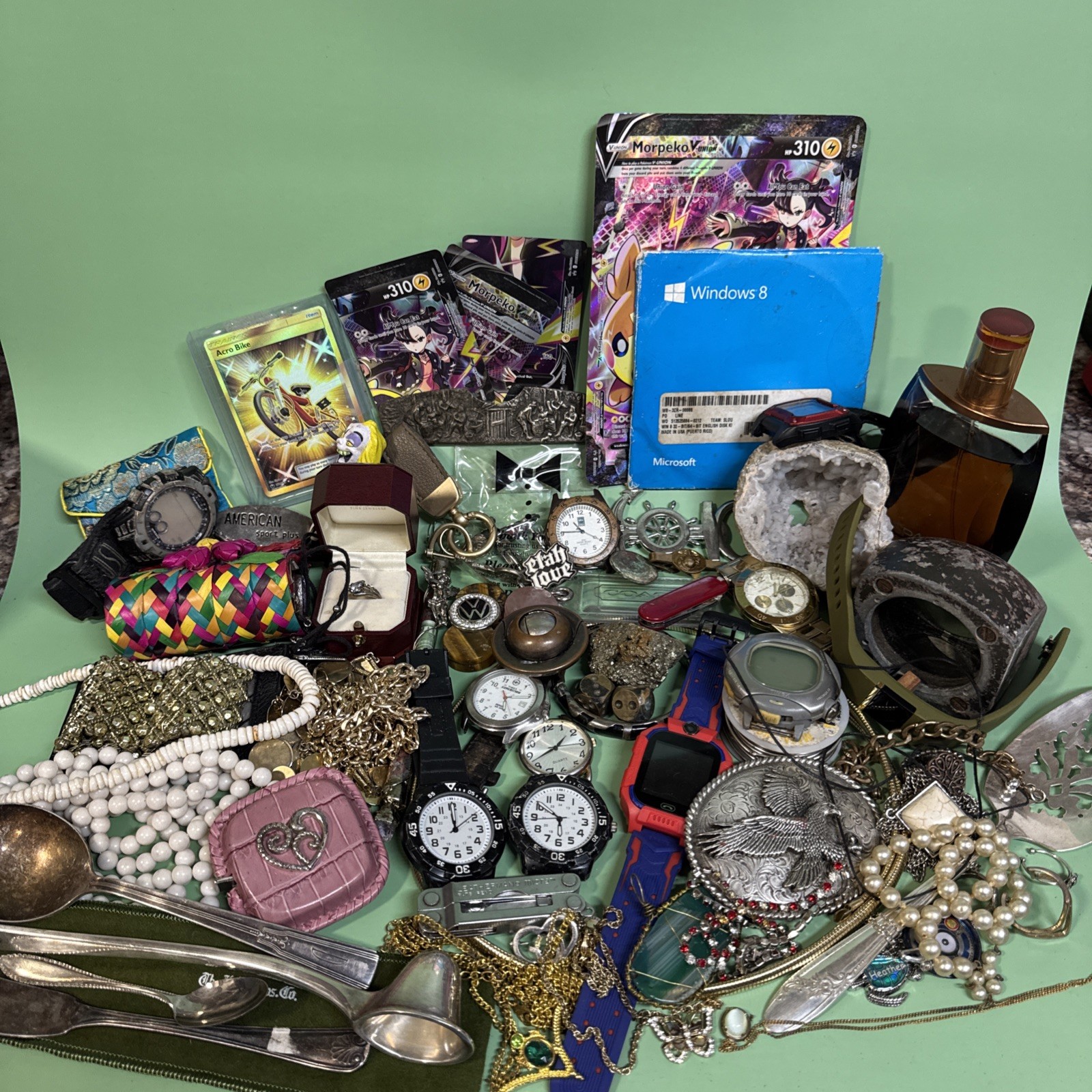 Huge Estate Junk Drawer Jewelry  Treasure Pendant Watches Silverplate Cards