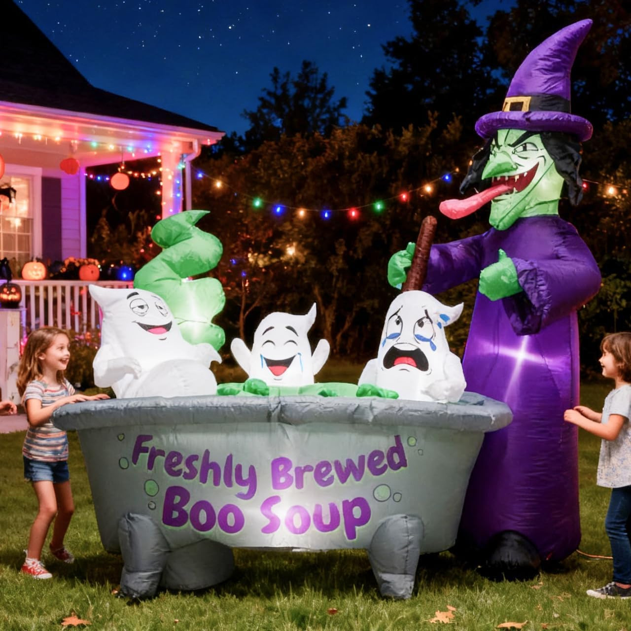 6FT Halloween Inflatable Witch Cauldron & 3 Ghosts