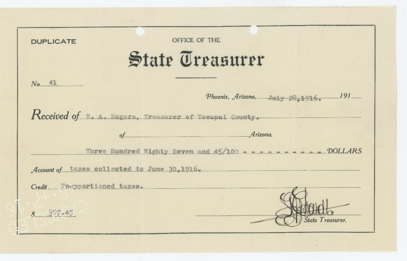 Vintage 1916 Arizona State Treasurer Receipt $387.45 Phoenix Yavapai Vintage 1916 Arizona State Treasurer Receipt $387.45 Phoenix Yavapai
