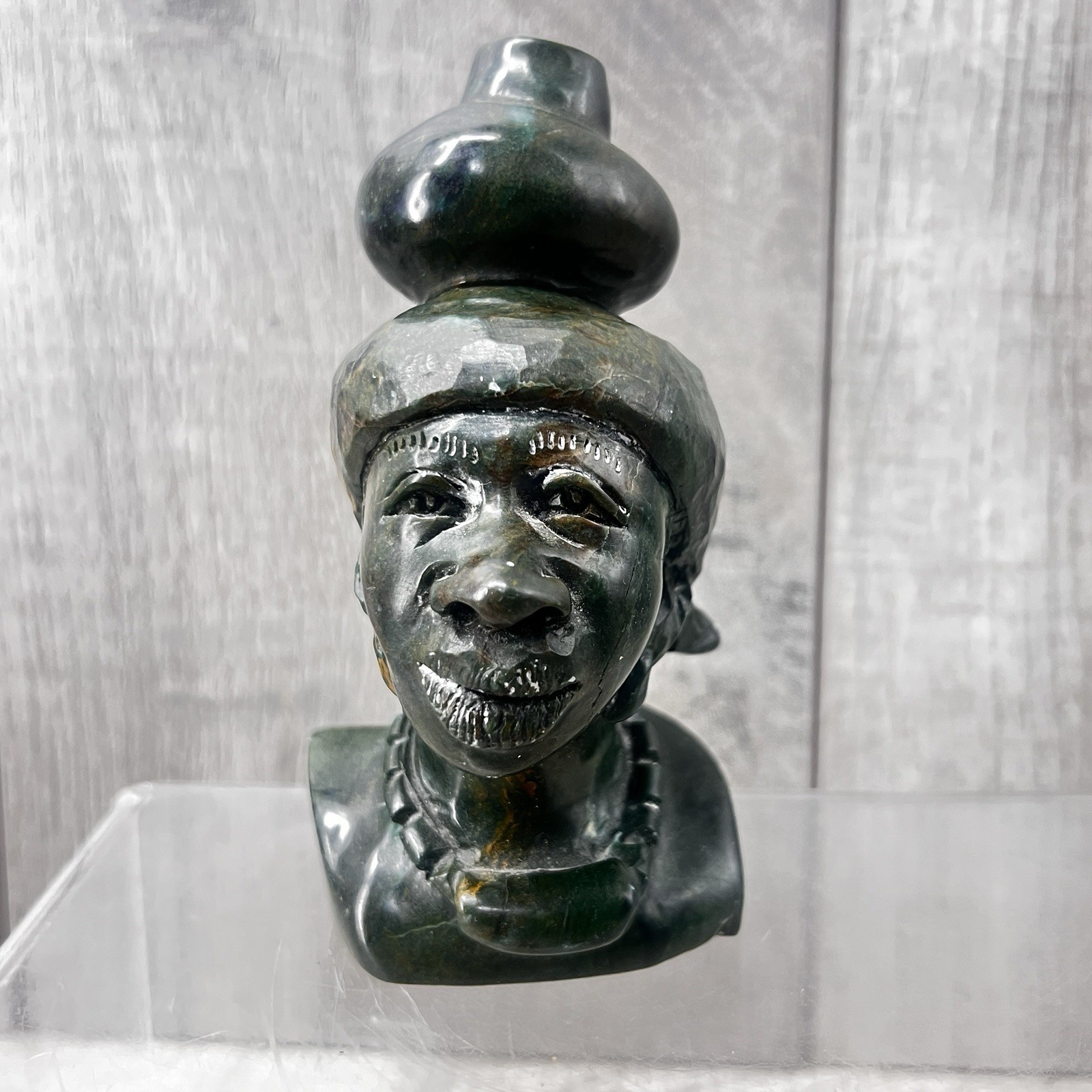 Hand Carved Green Verdite Stone Bust African Tribe Woman 5” Vintage