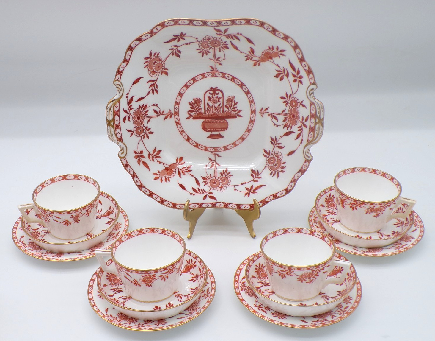Antique Minton RED Delft 1871 RARE Tea Set 13 Pc Cups Plates Platter