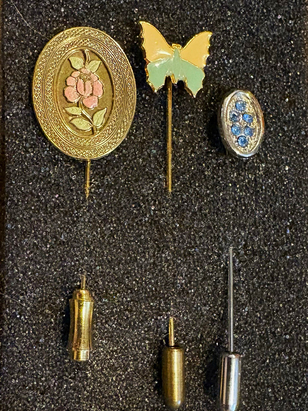 Lot of 3 Vintage Stick Lapel Pins Flower Enamel Butterfly Blue Rhinestone Caps