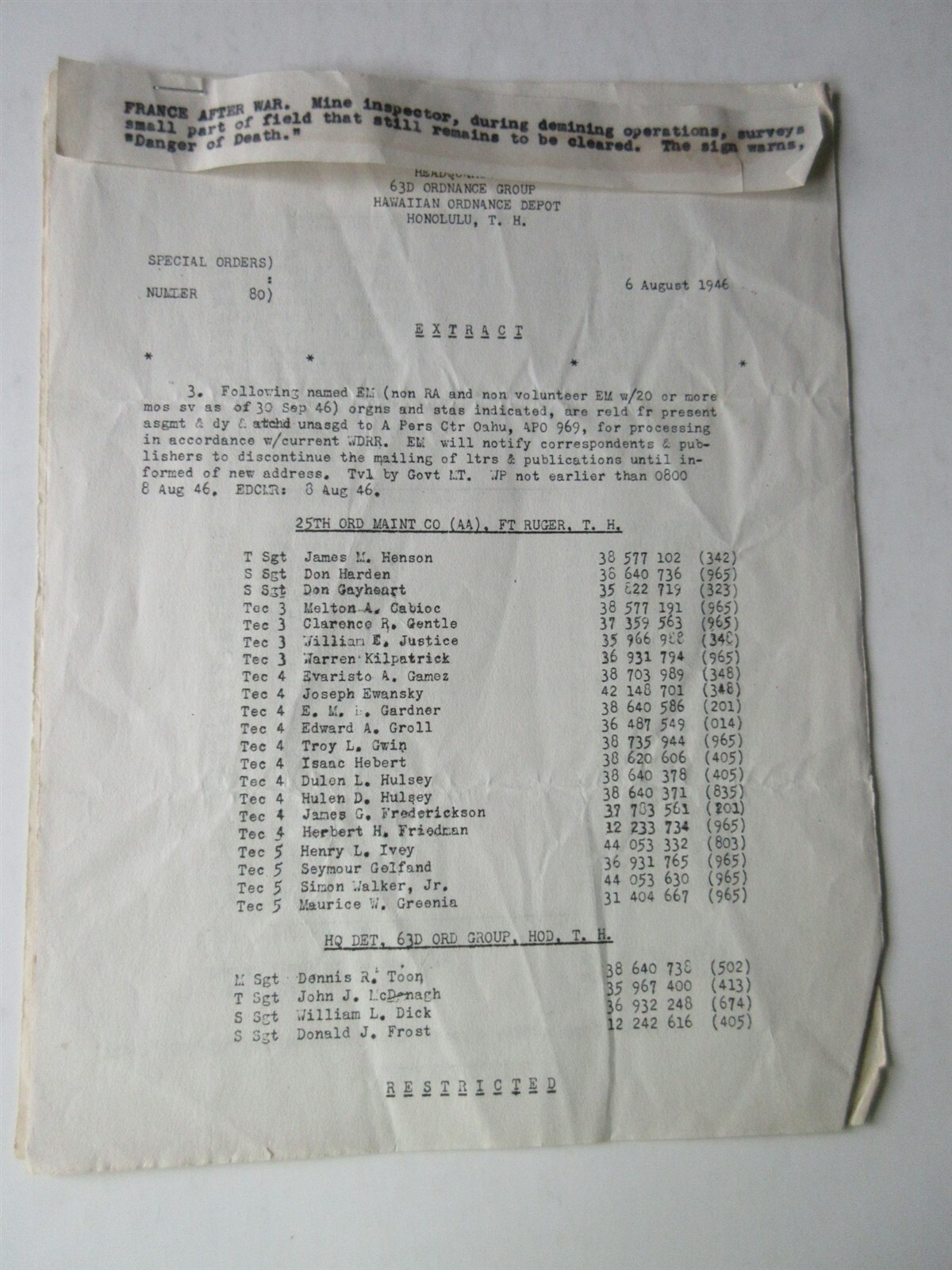 1946 Hawaiian Ordnance Depot Restricted Memos Special Orders